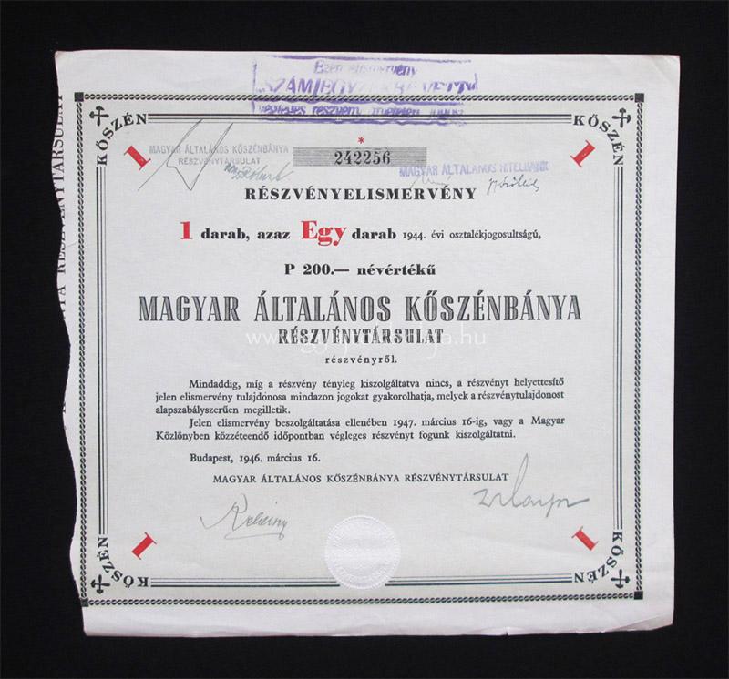 Magyar Általános Kőszénbánya elismervény 200 pengő 1946